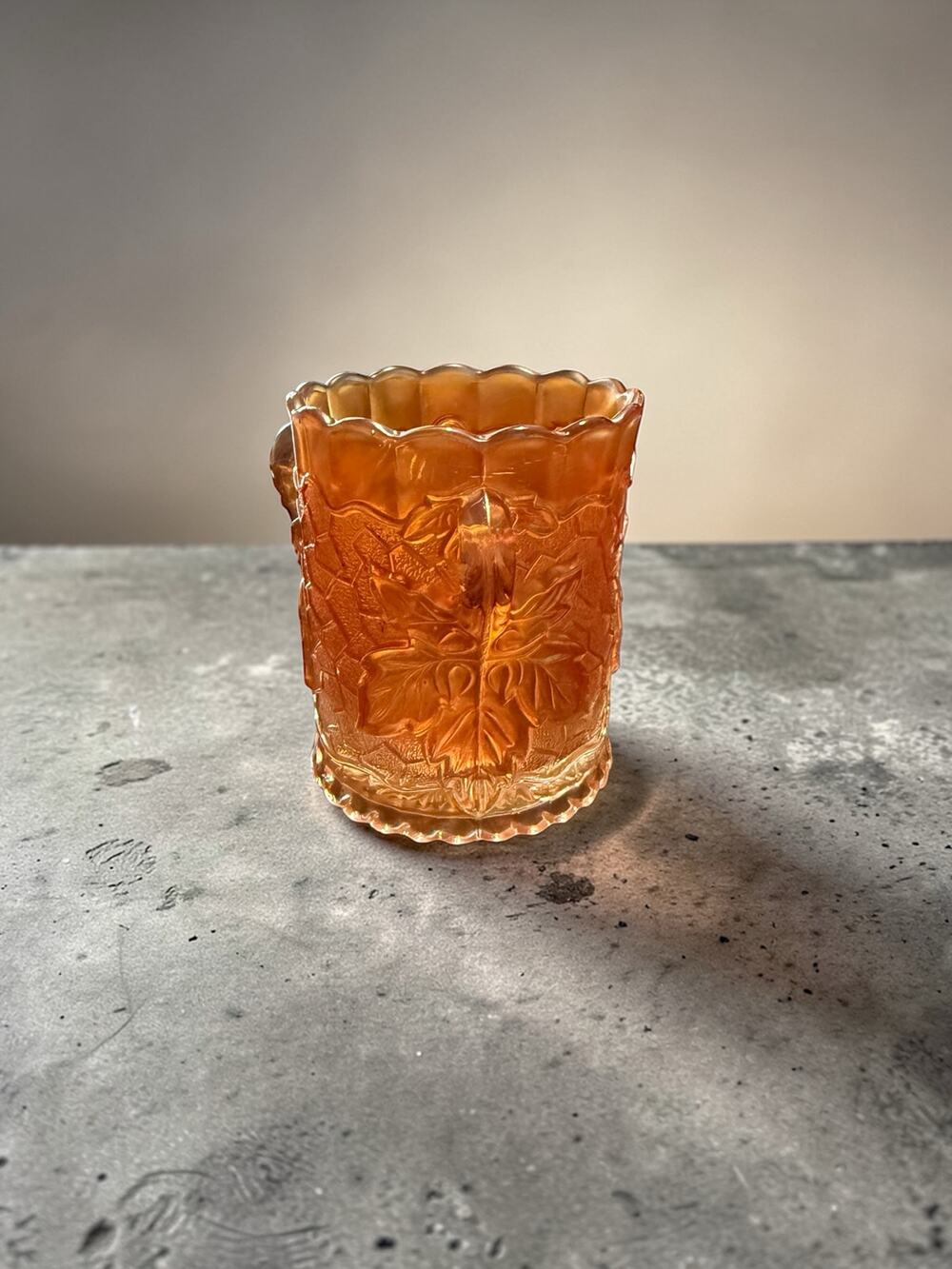 Vintage Mosser Marigold Carnival Glass "Maple Leaf" Sugar Bowl